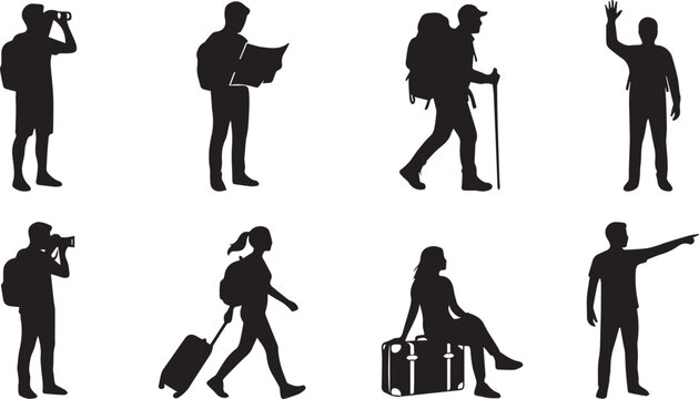 Set of diverse traveler and tourist silhouettes engaged in various activities isolated on white