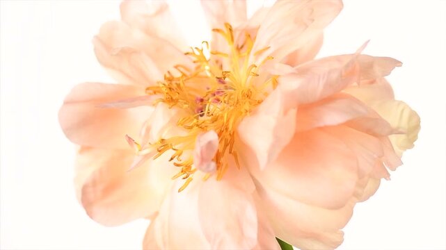 Peony flower isolated on white background. One Coral Charm peony cutout elegant design. Beautiful blooming one pastel color peony flower head, bud, close up, macro shot, stamens, petals. 