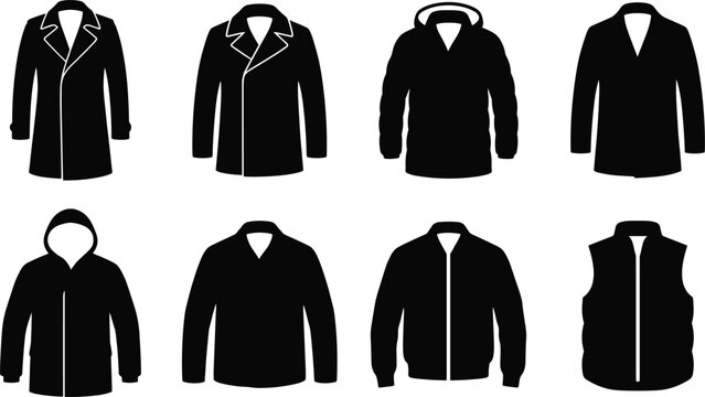 Men winter coats and jackets silhouettes set including trench coat parka bomber jacket and vest
