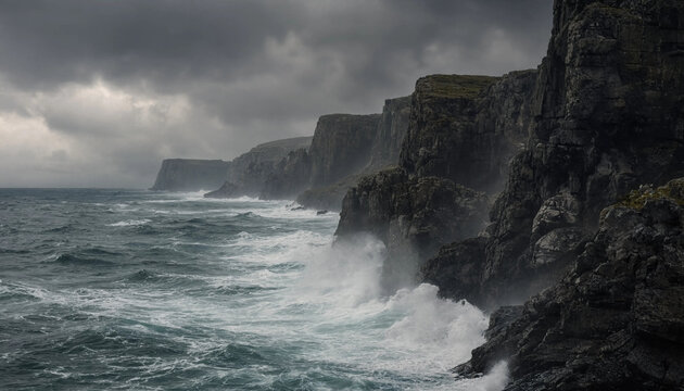Dramatic view of rugged coastal cliffs with crashing ocean waves under a dark cloudy storm sky