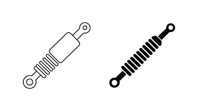 Minimalist shock absorber icons in two distinct graphic styles &mdash; solid silhouette and outlined version &mdash; symbolizing automotive suspension, mechanics, engineering, and vehicle design concepts. 