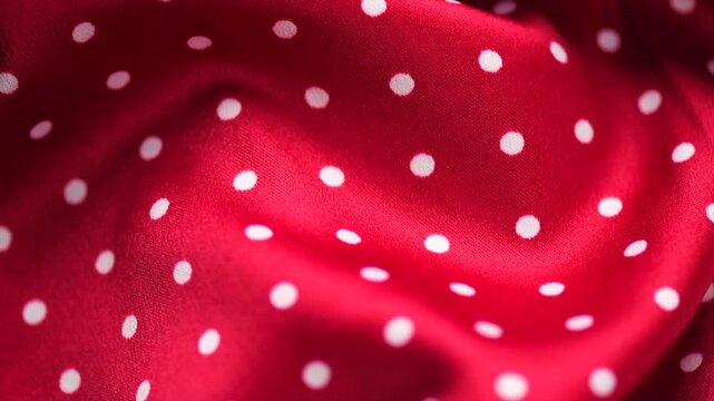 Polka dots red satin background, red with white silk backdrop. Closeup view of red polka dot fabric texture, top view, flat lay, rotating. 