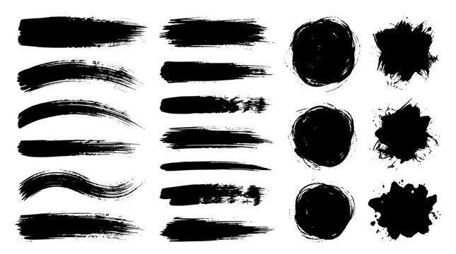 Black Grunge Brush Strokes and Ink Splatter Circles Vector Set

