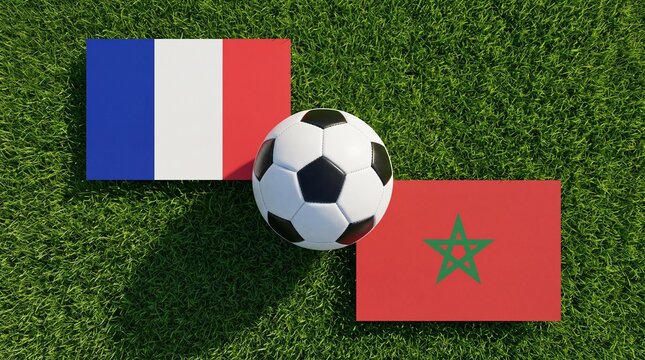 Soccer Ball with France and Morocco Flags Layout on Green Football Pitch Lawn, 10 July 2026