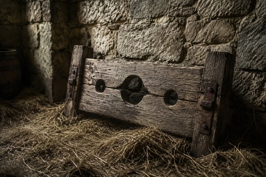 A rough wooden pillory in hay against a stone castle wall.