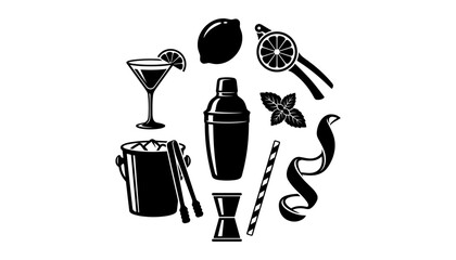 Cocktail Set with Shaker, Glass, Lemon, and Mint Illustration Featuring Lime, Bar, Drink with Mixer and Garnish Elements © MdMamnur