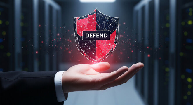 Cybersecurity shield with defend text hovering over businessman hand, server room data protection concept, network security and information privacy