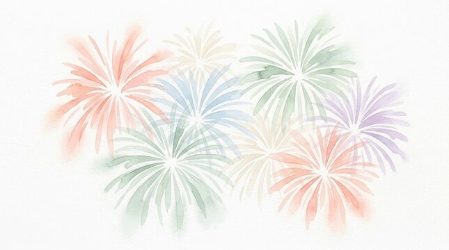 A vibrant watercolor painting of fireworks in pastel colors on a light backdrop.