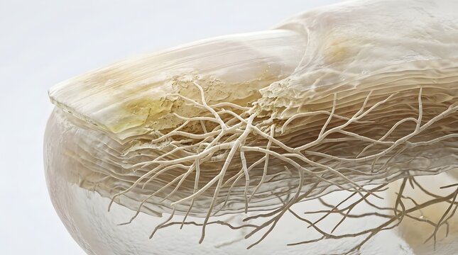 Fungal growth under a human toenail with hyphae structures representing the infection.