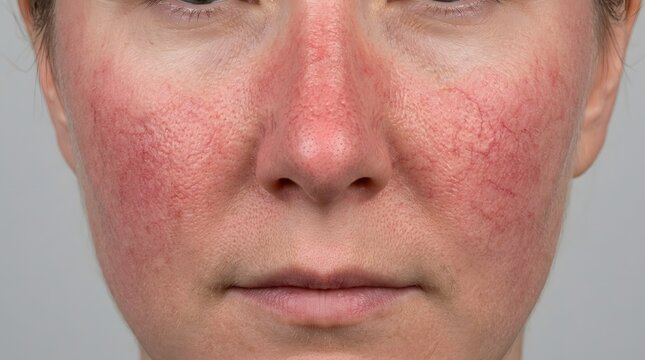 Woman with rosacea flushed face showing redness and broken capillaries on cheeks.