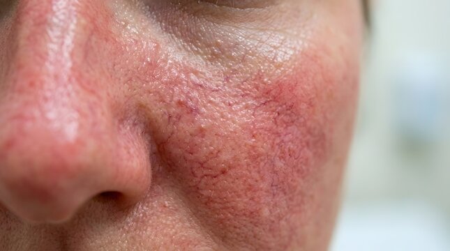 Close up of skin with visible capillaries and redness indicating rosacea.