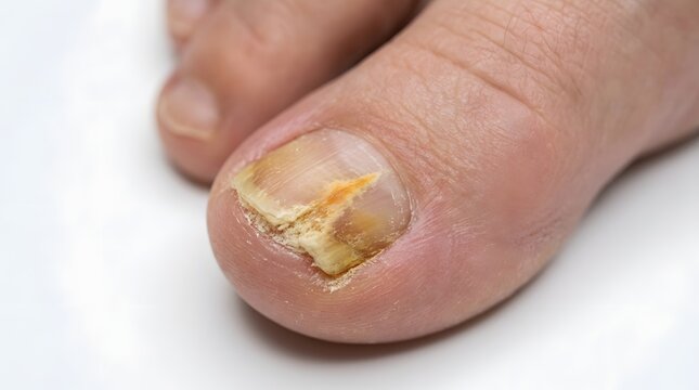 Close up of toe showing yellow nail fungus infection and brittle plate with discoloration.