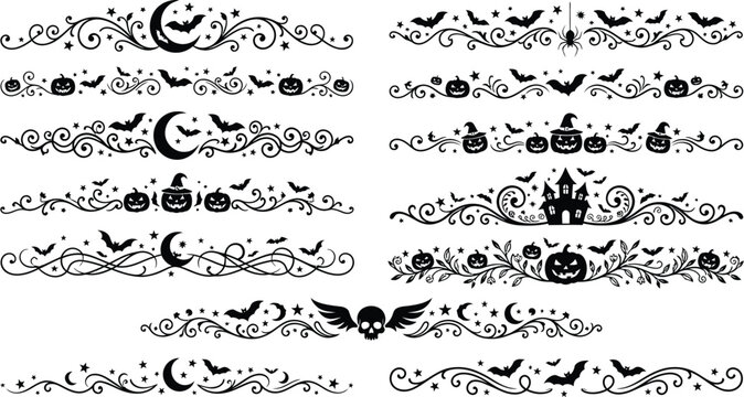 Halloween decorations and borders black silhouettes of bats pumpkins and spooky elements for a spooky night