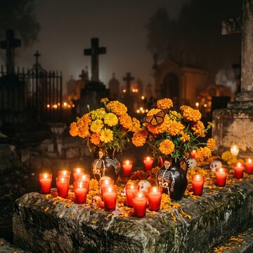 Colorful traditional altar with decorated sugar skulls, orange marigold flowers, purple and white candles with incense smoke on stone grave surrounded by fallen petals in night cemetery.