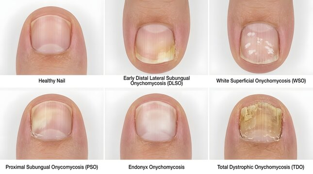 Educational medical chart comparing different types of fungal nail infections for clinical.