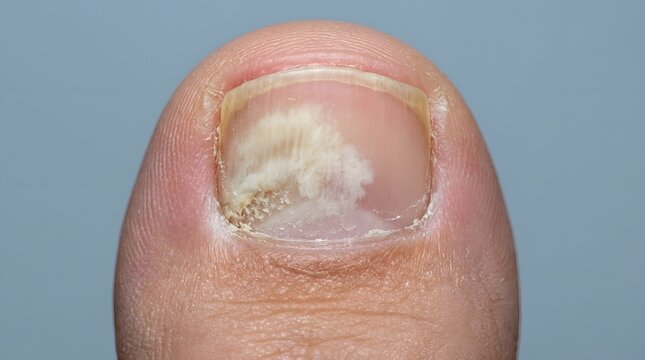 Clinical close up photo of human toe nail showing signs of distal lateral subungual fungal.