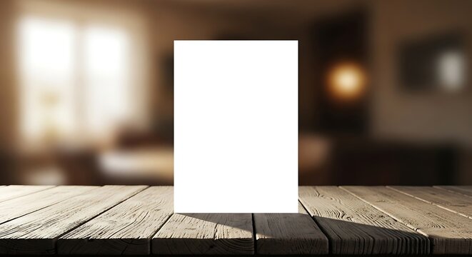 Blank White Card Standing on Rustic Wooden Table in Warm Blurred Interior