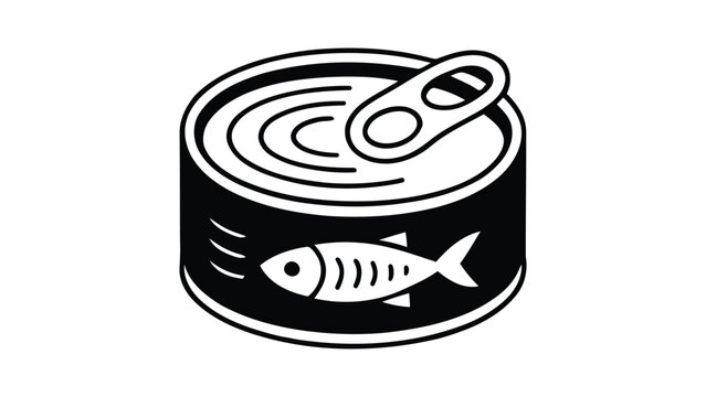 Minimalist black and white tin can illustration with pull‑tab lid and fish symbol, representing canned seafood packaging such as tuna or sardines in simple vector icon style.