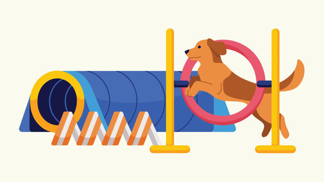 Excited dog jumps through a red circular hoop as part of an agility training course that includes tunnels and hurdles for active pets.