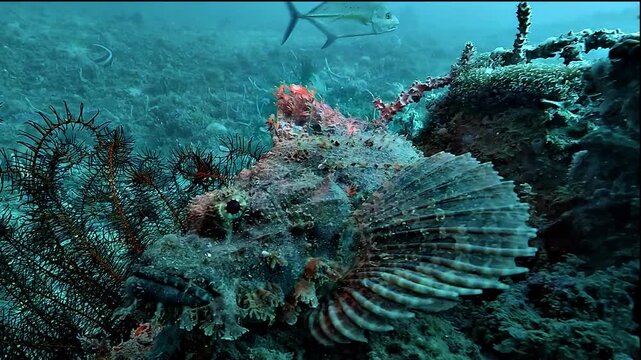 Close-up of a scorpionfish resting motionless on a colorful coral reef, using camouflage to blend with the seabed.