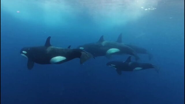 Orca Pod Swimming Through Open Ocean Waters