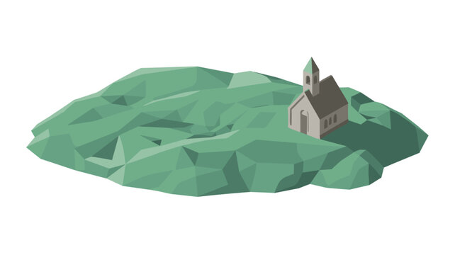 Isometric low-poly island landscape featuring a small church perched on a rocky green terrain against a crisp white background for a clean aesthetic.