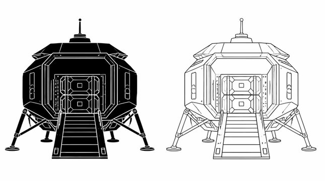 Sci-fi lunar lander module with ramp, black and white vector illustration