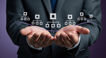 Fototapeta premium Corporate hierarchy structure concept, businessman holding virtual organizational chart, business management and company delegation