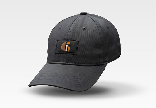 Floating Black Cap with Logo Patch Isolated on White Mockup