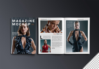 Isolated Magazine Cover and Open Magazine Mockup Aligned on Black Background