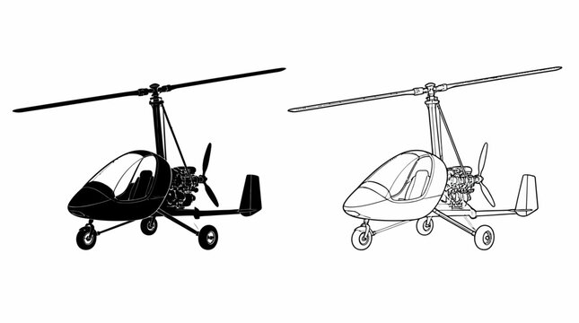 Autogyro aircraft silhouette and line drawing isolated on white