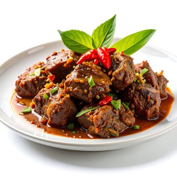 A plate of savory braised beef chunks is garnished with fresh basil and red chili.