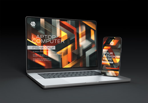 Silver Smartphone and Laptop on Black Background Mockup