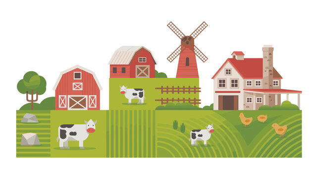 Pastoral farming scene depicting grazing cows and chickens near traditional red barns, a windmill, and a farmhouse in the countryside.