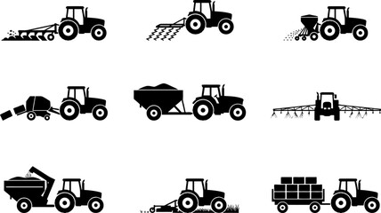 Agricultural Tractor Silhouette Vector Set with Plowing, Seeding, Spraying, Harvesting and Farming Equipment © MdJahid