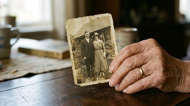 Elderly Hand Holding Vintage Couple Photograph on Wooden Table