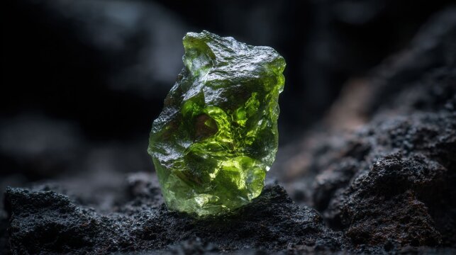 Unique Olive Green Moldavite Tektite Gemstone Displayed on Dark Earthy Surface
