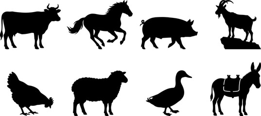 Obraz premium Farm Animal Silhouette Collection Black Livestock Vector Icon Set