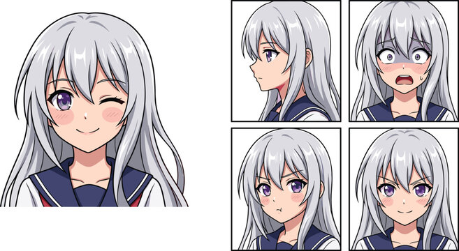 Anime School Girl Character Expression Sheet Vector Set with Cute Silver Hair High Schooler Pouting Winking Shocked and Profile View for Manga Designs