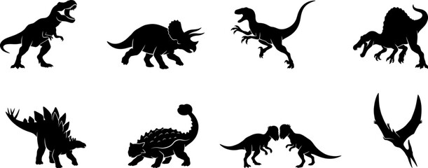 Dinosaur Silhouette Icon Collection with Prehistoric Reptiles Isolated on White © MdJahid