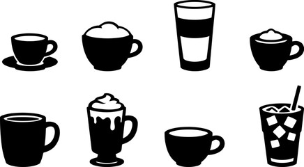 Fototapeta premium Coffee Beverage Cup Icons Collection Black Silhouette Vector Set
