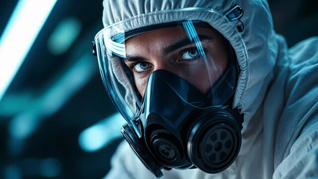 Worker in white protective hood, clear face shield, and dual-filter respirator 