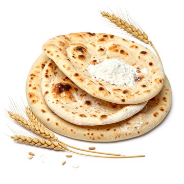A stack of freshly baked flatbreads garnished with wheat stalks sits on a white background.