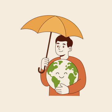 World Ozone Day Concept Illustration of a Man Holding an Umbrella to Protect the Cute Smiling Earth Globe