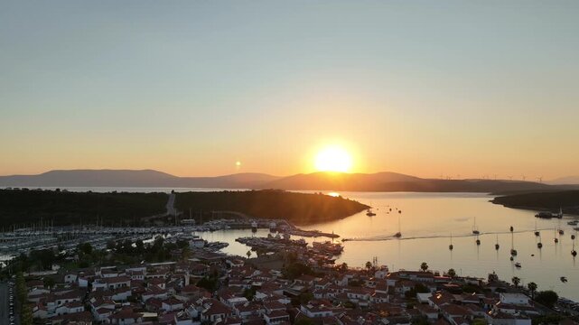 Sunset Over Sığacık, Teos Marina and Fishing Village, İzmir, Turkey &ndash; Cinematic Drone Aerial View | 4K
