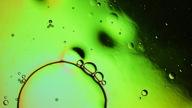 Macro Abstract Oil and Water Bubbles on Bright Green Background