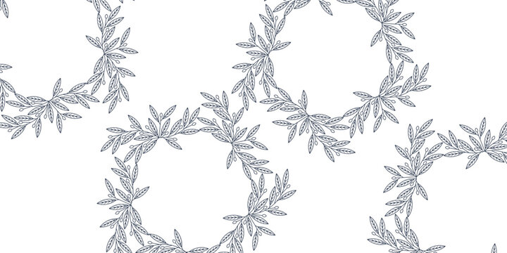 Seamless olive wreath vector background. Elegant floral pattern with botanical line art leaf frames for luxury wedding invitation, cosmetic packaging, textile, and wallpaper.