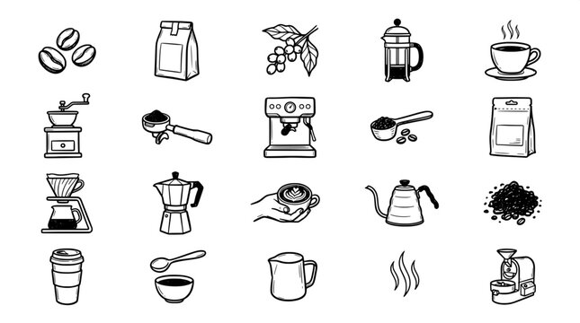 Comprehensive coffee brewing elements and barista equipment icons collection with illustration equipment beverage preparation portafilter