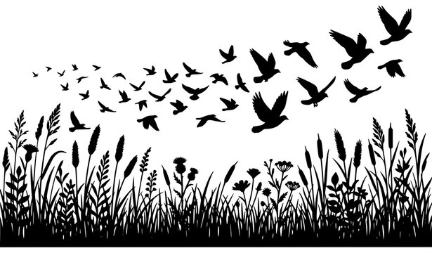 Flying Bird Silhouette Landscape with Wild Grass Nature Background Vector Illustration Design