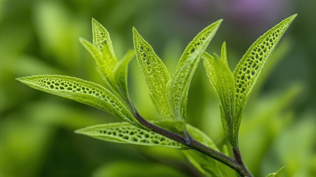 Vibrant green plant leaf shows intricate perforations and patterns caused by insect activity in a natural garden setting